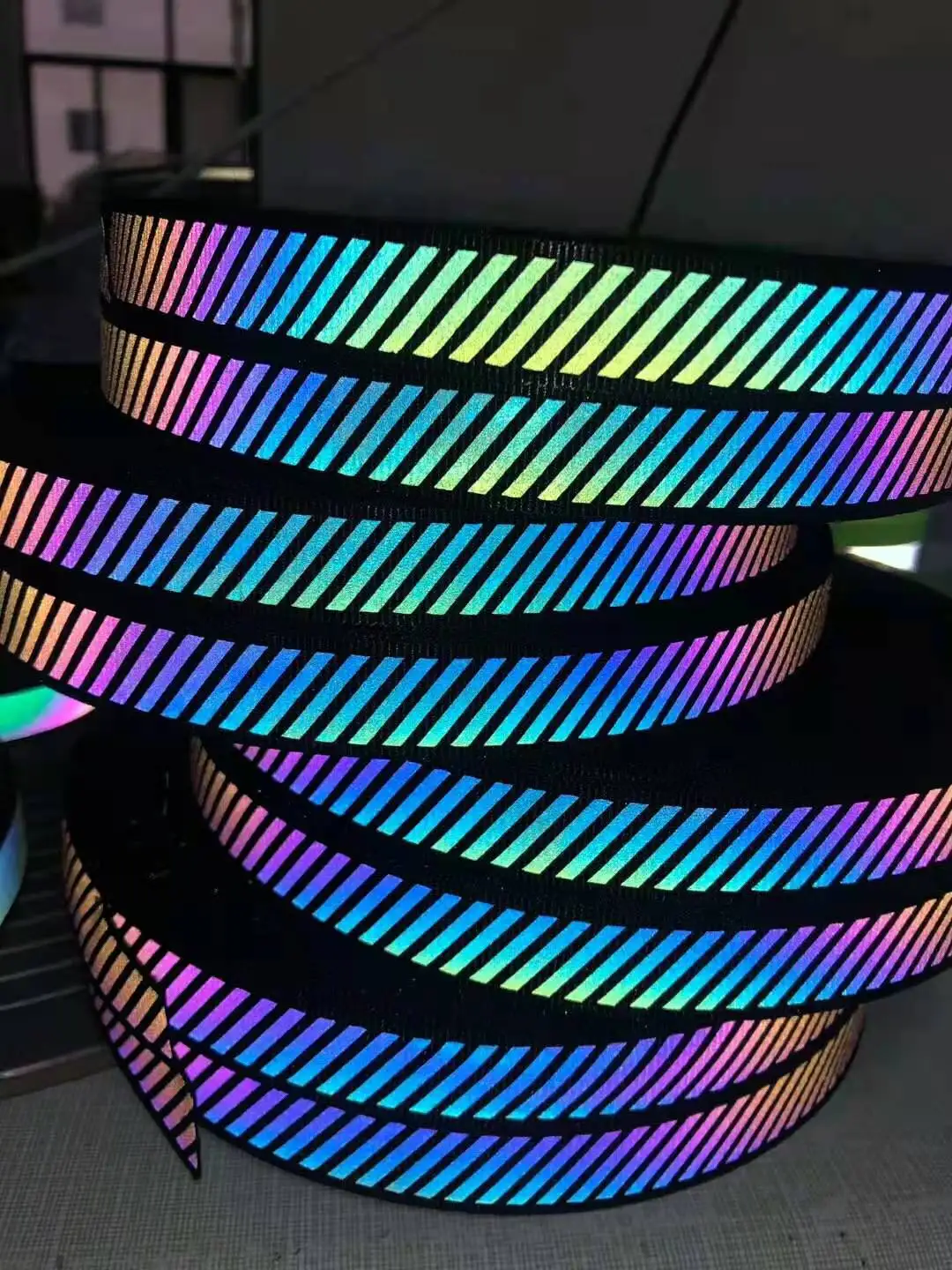 CE EN20471 Reflective Safety Material Ribbons Yellow Silver, Orange Rainbow 100% Polyester to Sew >400 CPL CN;FUJ Sew on WRS