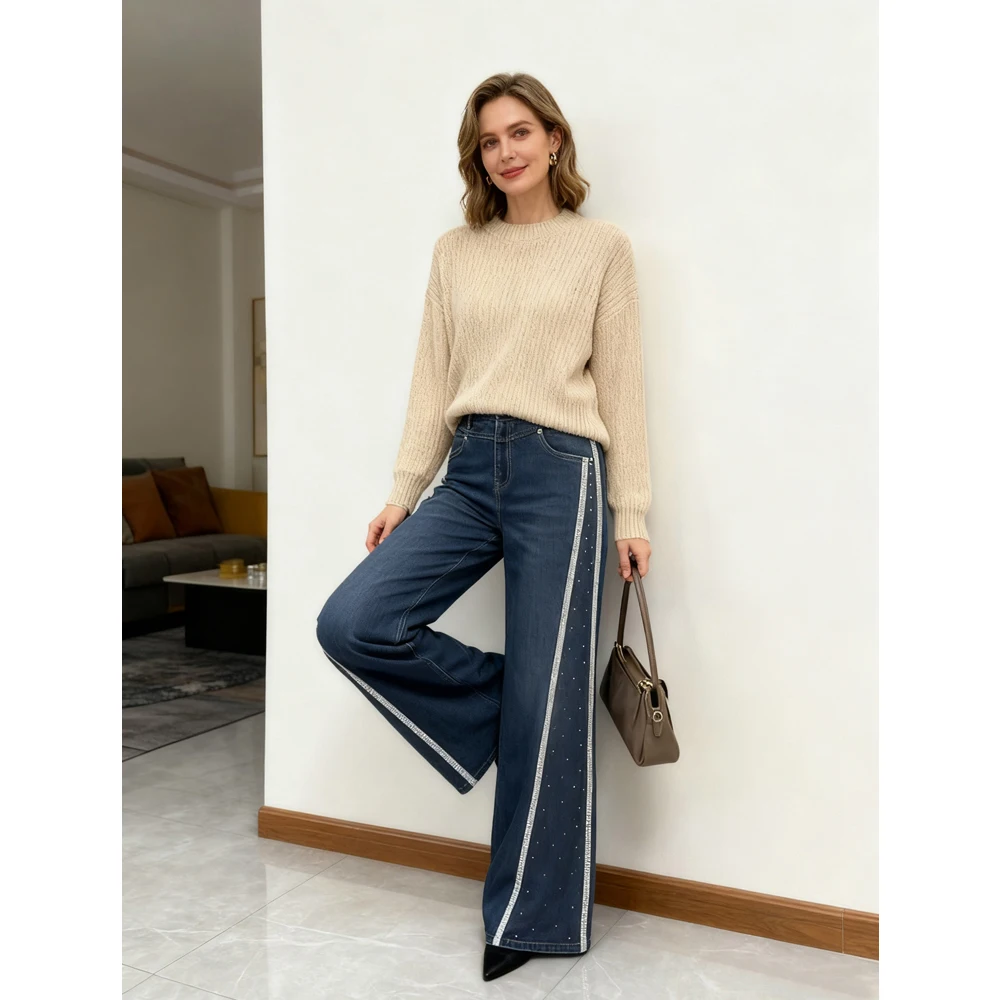 Fashionable Rhinestone Striped Blue Wide Leg Jeans for Women High Waist Trendy Denim Pants for Ladies