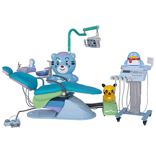 Beautiful children's dental treatment chair double armrests sky blue innocent cute movable tool tray with memory system