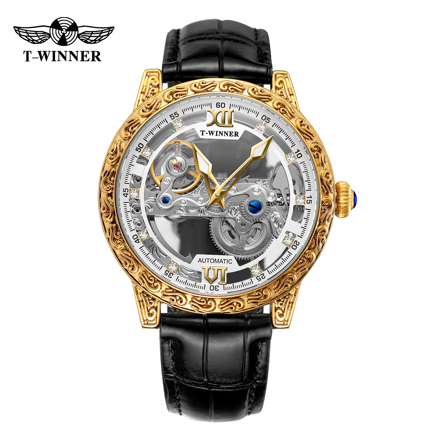 Winner Brand Gold Transparent Wrist Watches Luxury Man Reloj Montre Leather Skeleton Custom Mechanical Automatic Watch for Men