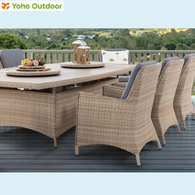 Rectangular Dining Table and 8-Chair Set with 2 Ice Buckets Rattan Outdoor Leisure Garden Furniture