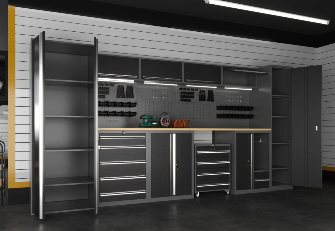 JZD Garage Cabinet with Tools Storage  Tool Cart Tool Trolley Workshop Metal Cabinet L Shape