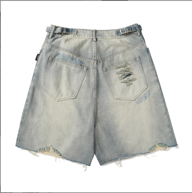 国内未入荷 STARTEXCEEDEND - Distressed Punk Denim Shorts Men's Trendy Punk Worn-Out Rough Edge Denim Shorts
