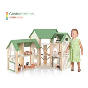 New Children's Toys Simulation House Role Play Game Toy Wooden Princess Doll House Miniature Furniture Green Style