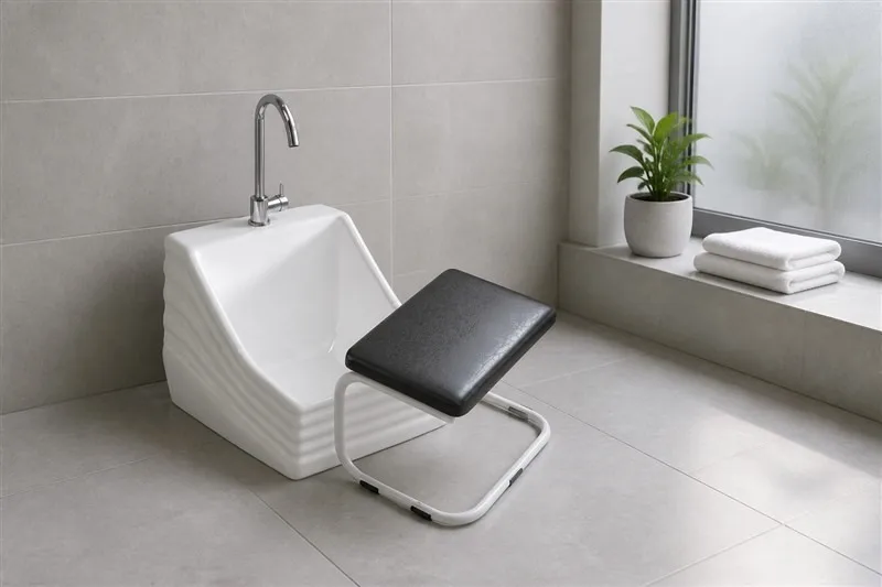 Low floor-mounted white ceramic wudu basin standing on the floor in a modern washroom