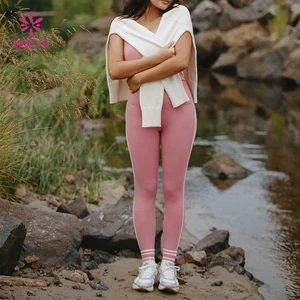 HUCAI Custom High Quality Nylon Spandex Side Color Blocking Stripe High Waist Gym Yoga Pants Activewear Running Leggings