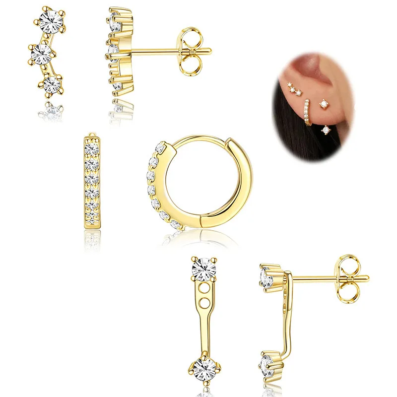 3 Pairs Stud Hoop Earrings Set for Women 14K Gold Plated Zircon Earrings Stacks Dainty Earrings for Multiple Piercings
