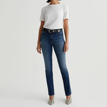 OEM/ODM High-Rise Slim Straight Fit Denim Jeans for Women Oceanic Blue Pure Cotton Customizable Waist for Streetwear Everyday