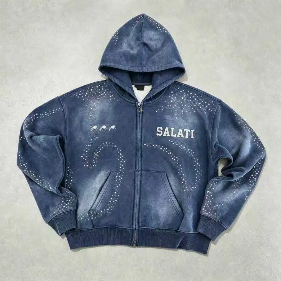 Wholesale Washed Zip up Hoodie Rhinestone Graphic Fleece Oversized Streetwear Casual Winter Bulk Fashion Men Zip up Hoodie