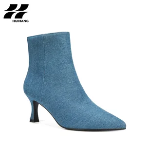 Women's Winter Stiletto Ankle Boots Trendy Denim Pointed-Toe Footwear with Side Zipper for Party & Evening