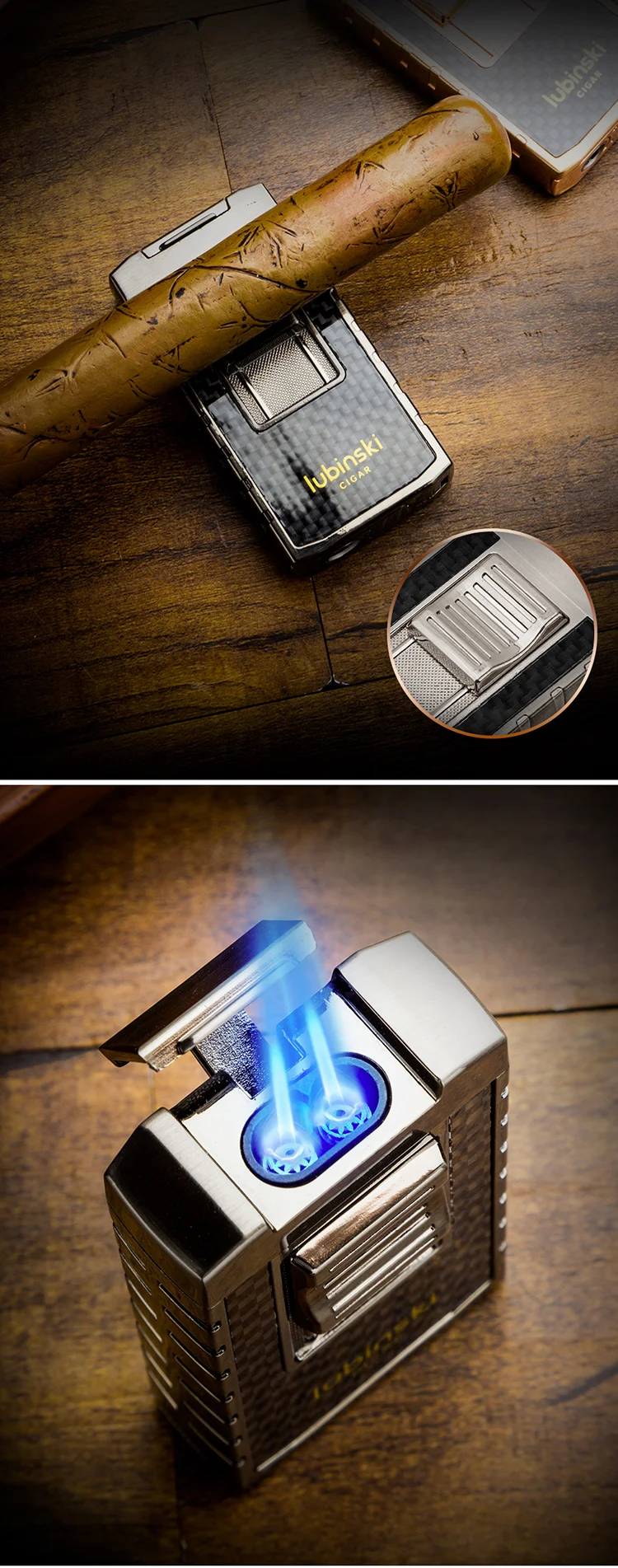 Lubinski Double Flames Carbon Fiber Jet Torch Gas Cigar Lighter And