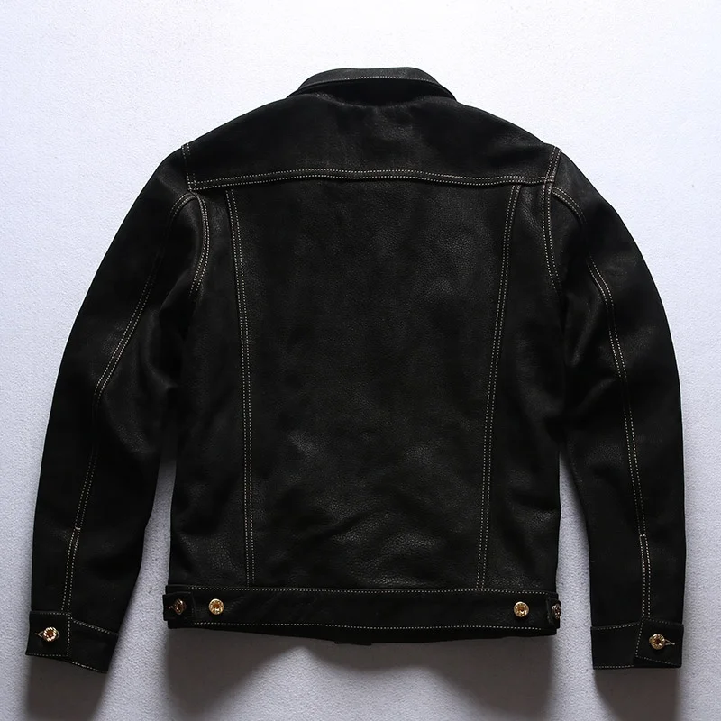 Men's Leather Jacket Turn-down Collar Cowhide Casual Coat_voghion.com
