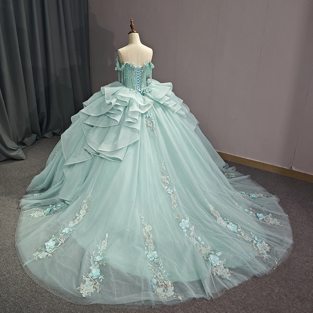 Mint Green Shiny Princess Ball Gown Quinceanera Dresses Sweet 15 Girls Off  Shoulder Appliques Beads 3D Flower Tulle 1195