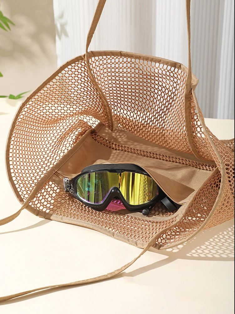 New Wholesale Plastic Polyester Beach Mesh Tote Bags Solid Color Women's One Shoulder Mesh Beach Bags