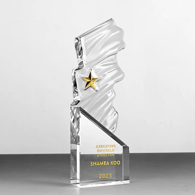 Impresión UV brillante logotipo Premios de Vidrio Personalizados Premios de Estrella Metálica grabados con Logotipo en Base Transparente