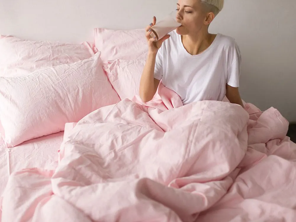 INS Romantic Cherry Pink Color Soft 100% Pure Flax Linen Bedding Set 4 Pcs 2 Pillowcases 1 Fitted Sheet 1 Duvet Cover