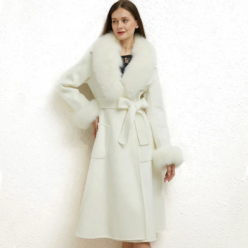 2021 Big Real Fox Fur Trimming Wool Jacket Custom Fashion Women Long  Cashmere Coat With Fur - Main Image
