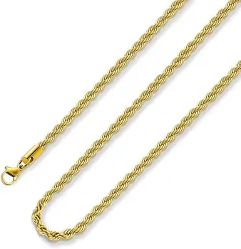 18k Real Gold Plated Rope Chain 3mm Stainless Steel Men Women Chains 16 Inches 30 Inches