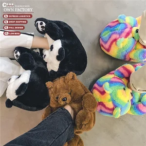 Unisex Cartoon Warm Teddy Bear for Slippers Cute Multi-Color Cotton Indoor Home Shoes Flat Heels Waterproof EVA for Autumn/Winte