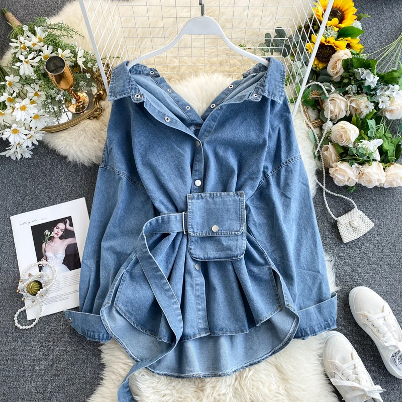 TWOTWINSTYLE Lapel Long Sleeve High Waist Patchwork Bag Denim Blouses Female 2021