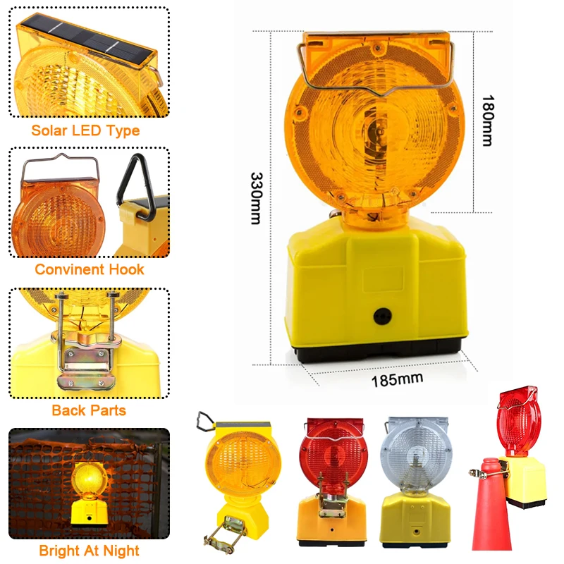 IP68 Traffic Safety LED Temporary Traffic Light Solar Energy Street Warning Barricade Amber Flashing Lamp ABS PC White PU details