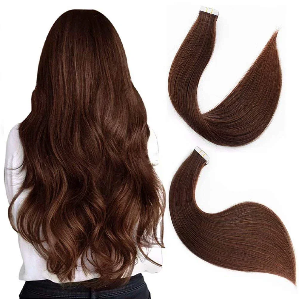 Taśma do przedłużania włosów Remy Human Hair #4 Czekoladowy brąz Bezszwowa taśma do przedłużeń skóry Ludzkie włosy_voghion.com