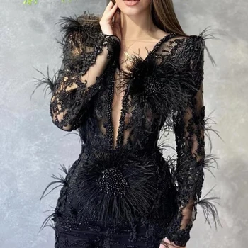 ED2166 Custom High Quality Embroidery Lace Sequin Beading Black Evening Dress With Feathers Gowns For Women