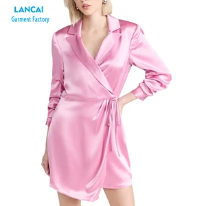 Pink Satin Skirt Tailored Solid Color Lapel Long Sleeve Shirt Dress