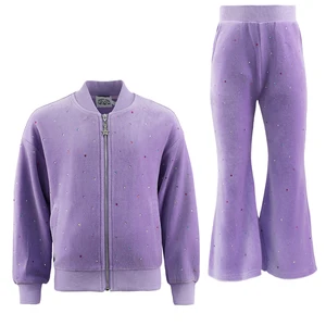 Customizable Girls Purple Sparkling Diamonds Casual Set Zip-Up Jacket Flared Pants Kids Fashion Outfit