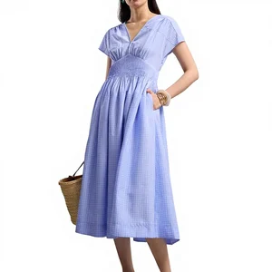 Casual Summer Style Lady Dress Elegant Gingham V-neck Cap Short Sleeve Fit & Flare Midi Fit Dress Women's Dresses