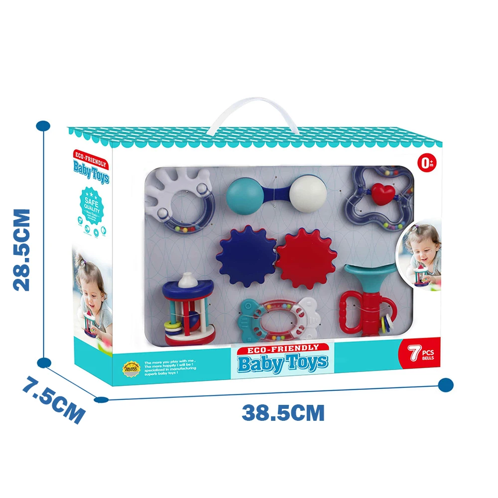 Новый дизайн 7 шт. эко пластиковая коробка передач набор колец детские погремушки игрушки для младенцев и детей ясельного возраста