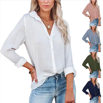 Long Sleeve Blouse Roll Up Cuffed Sleeve Casual Work Plain Tops women's blouses & shirts