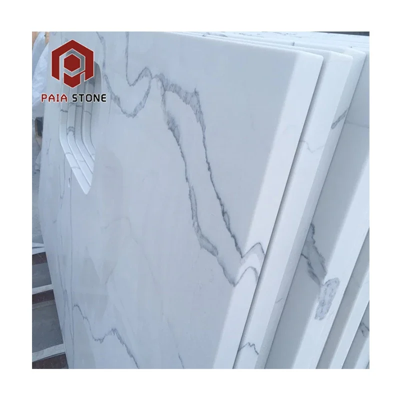 سطح طاولة مطبخ تجاري جاهز من الكوارتز الأبيض كالاكاتا، بتصميم عصري