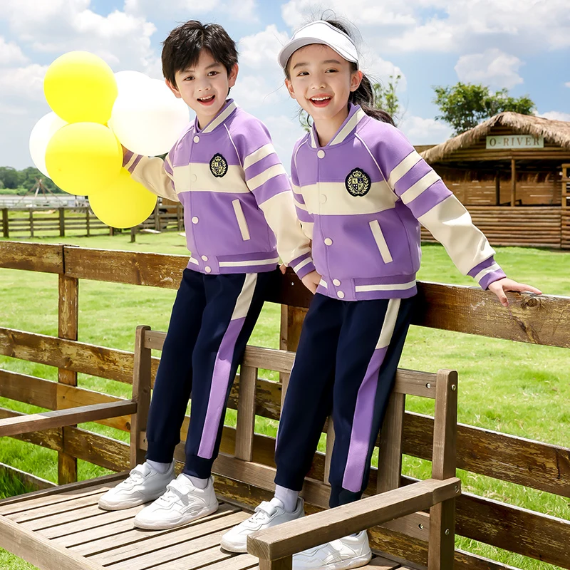 Spring Children Track Suit for School Custom Made Purple Cotton Kindergarten Primary School Wear Tracksuit