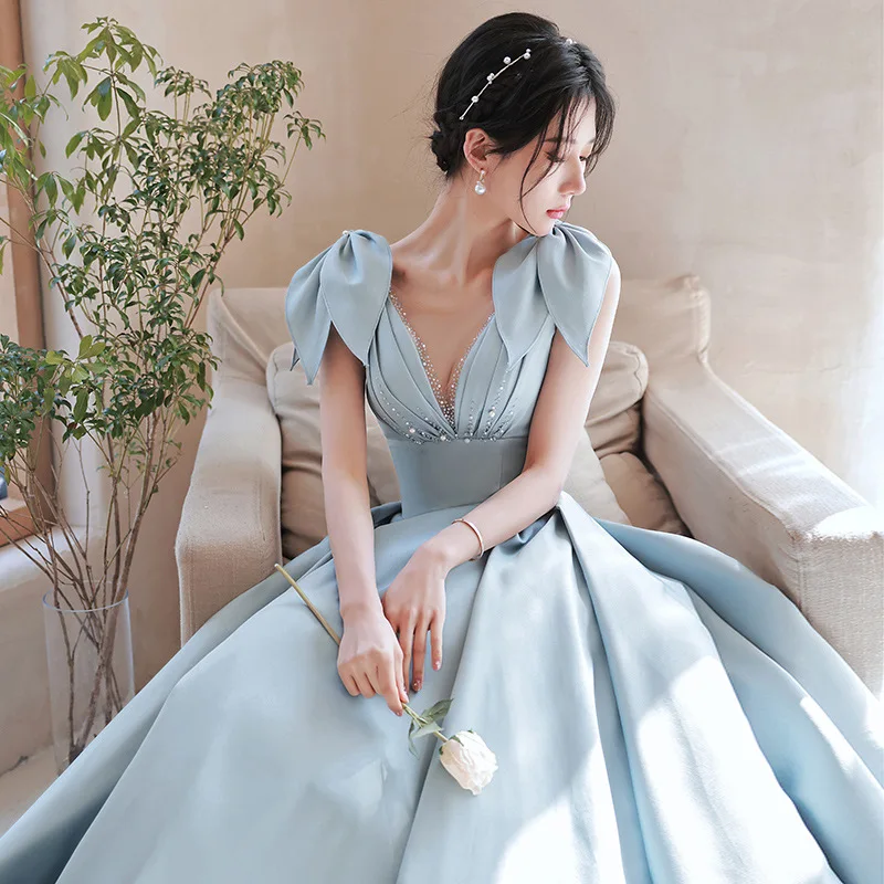 green emerald velvet dress Empire-Waist Long V-Neck Prom Dress with Back Drape Kelly / XLarge main image 1