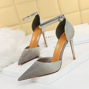 Silvery Bridal Pointed Head Women High Heel Shoes Dress Ladies Formal Designer Famous Brands Button Office Stiletto Heels Sandal