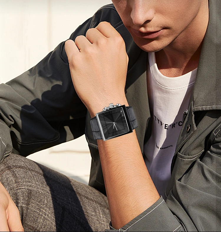 STAR RUDDER Rectangular Genuine Leather Wrist Watch Quartz Black Silver Watch Top Quality Fashion Waterproof Quartz Mens Watch