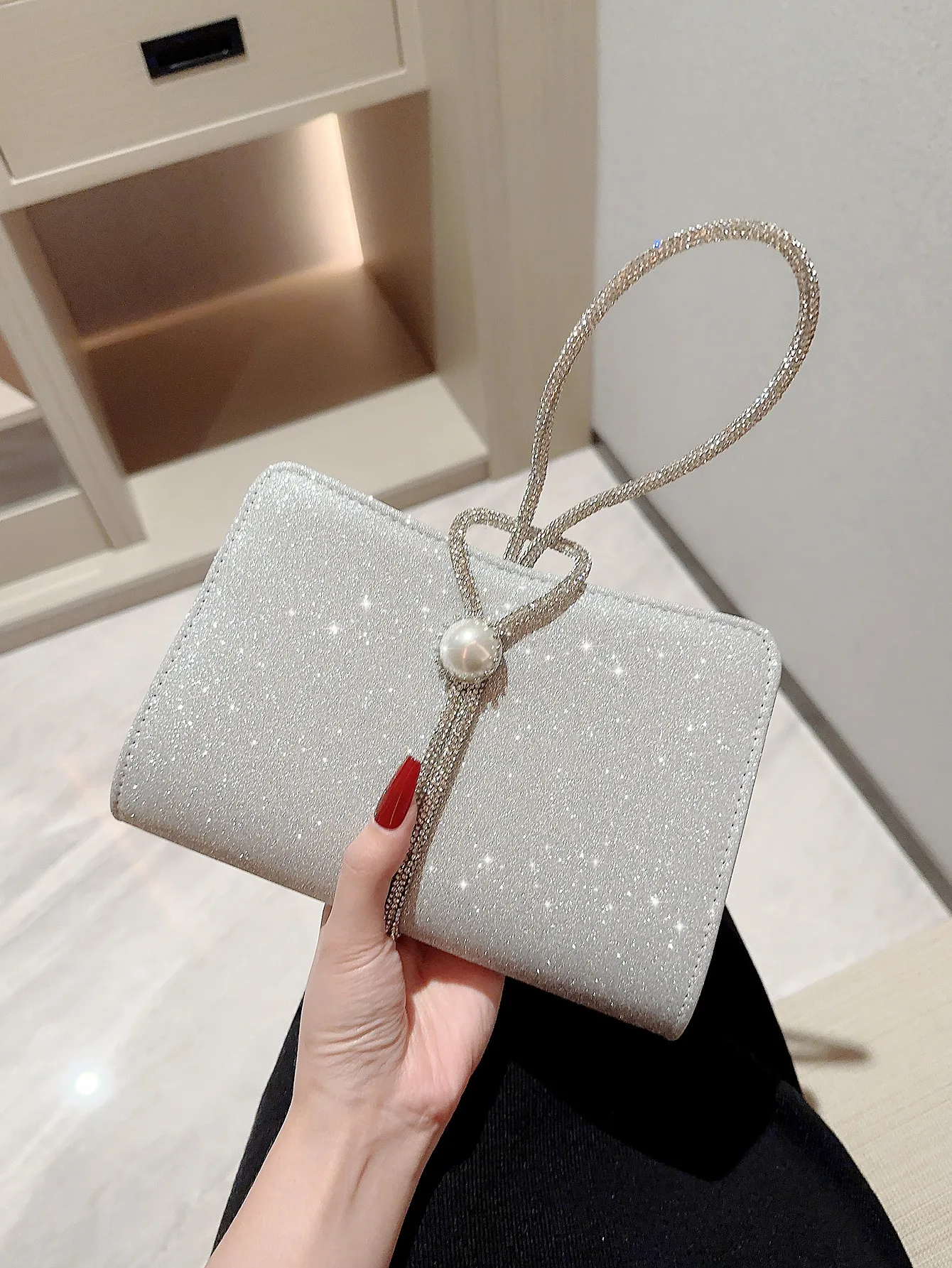 silver dress bags Silver Glitter Twill Knitting Rope Handle Evening Bag Clutch Bag