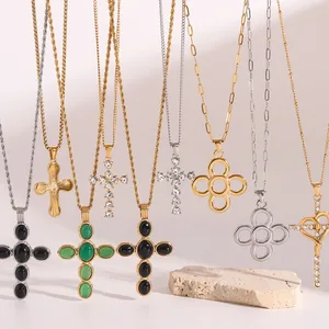 New Arrival Retro Style Agate Cross Pendant Necklace 18K PVD Gold Plated with Natural Stone Clavicle Chain Made Stainless Steel