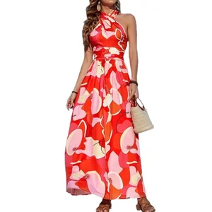 Custom Designer Female High Quality New Fashion Summer Wholesale Women Clothes Floral Print Backless A-line Dress Beach 2026