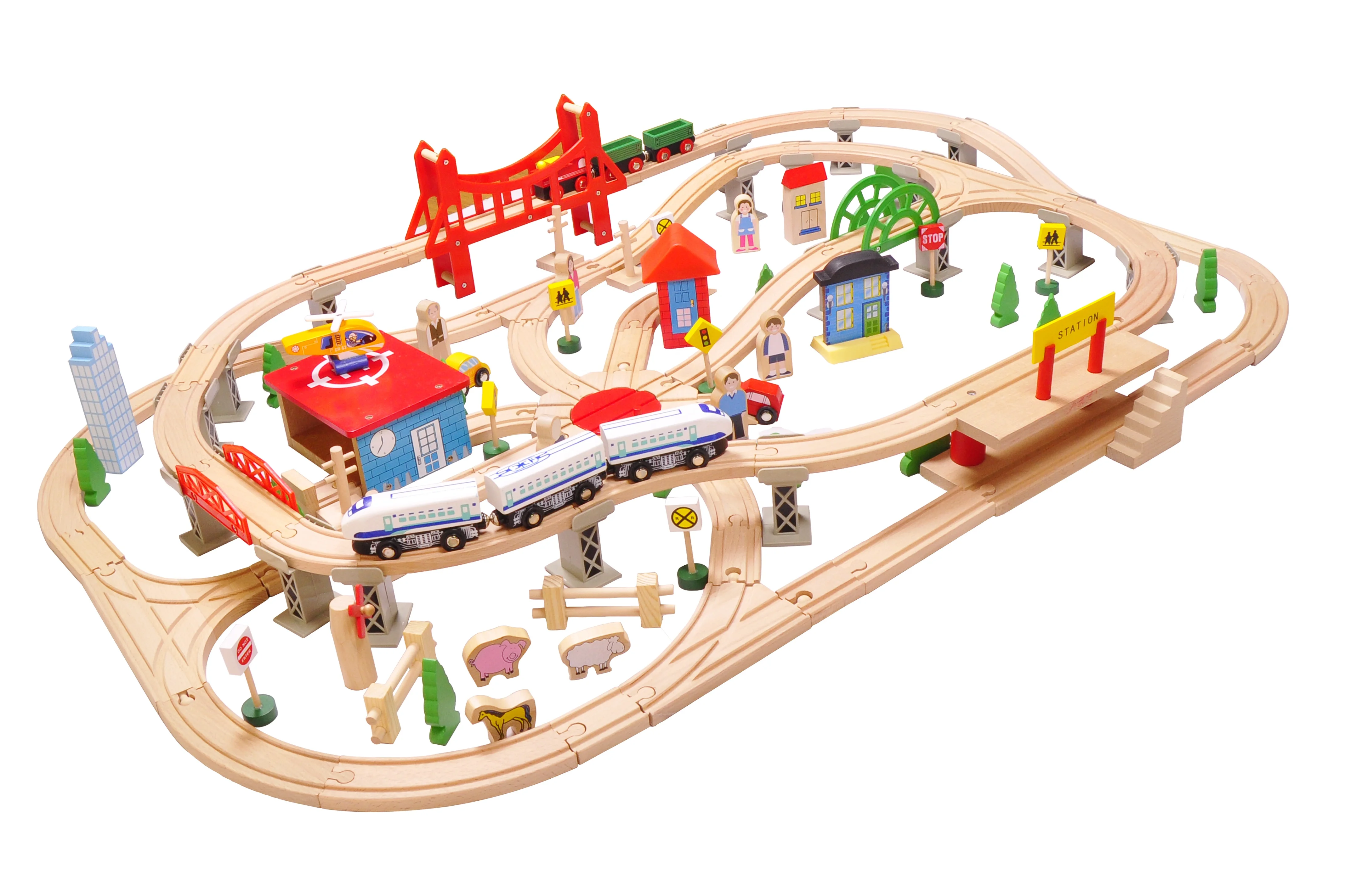 130pcs deluxe en bois trains piste jouets électrique train ensemble fente  jouet