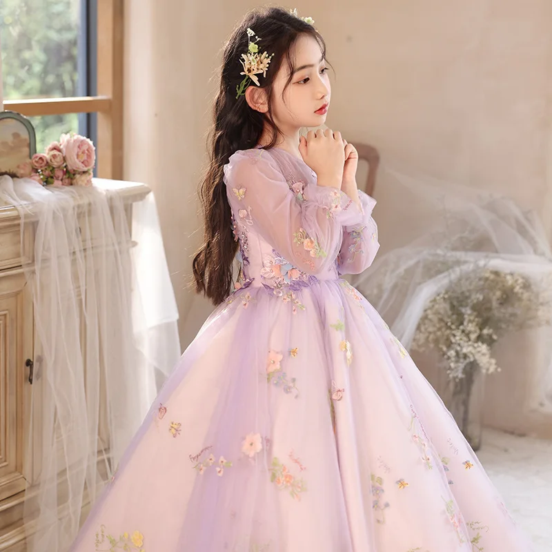 OEM ODM New Violet Flower Fairy Mori Design Children's Formal Poncho  Princess Dress Girls' Party Elegant Summer Clothes for Kids