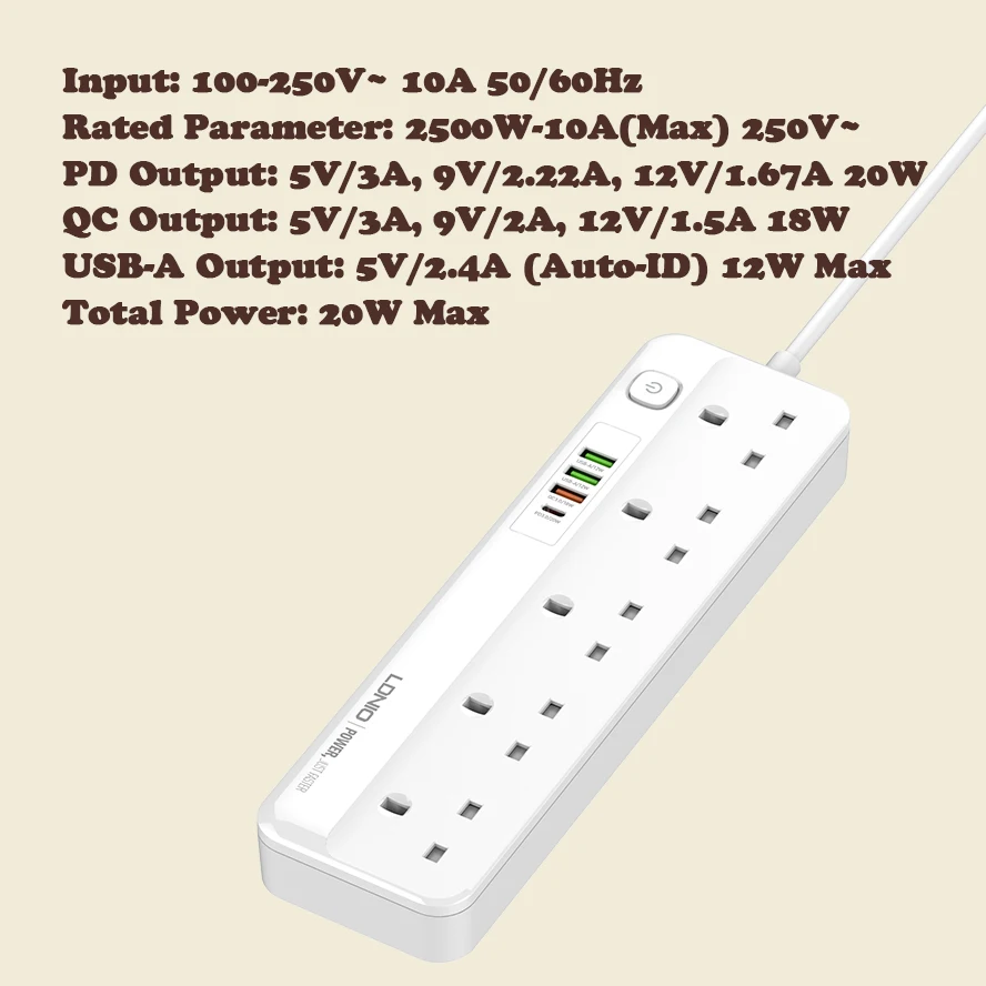 LDNIO SK5493 5 AC Outlets UK Power Strip description image