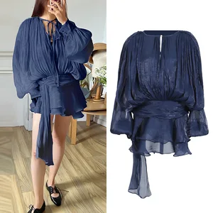14colors Solid Quality Lady French Style Outwear O-neck Long Sleeve Women Ruffles Short Mini Dress