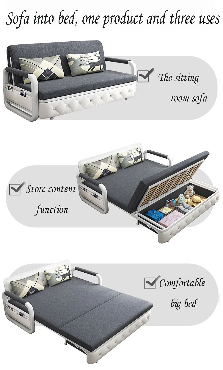 Modern Wooden Folding Chair Sleeper Three Seat Sofa Bed Living Room
