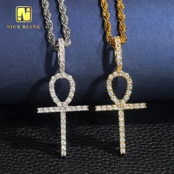 One Row Diamond Cross Pendant 925 Sterling Silver Ankh Jewelry Men Women Hip Hop Moissanite Cross Pendants with GRA Certificate