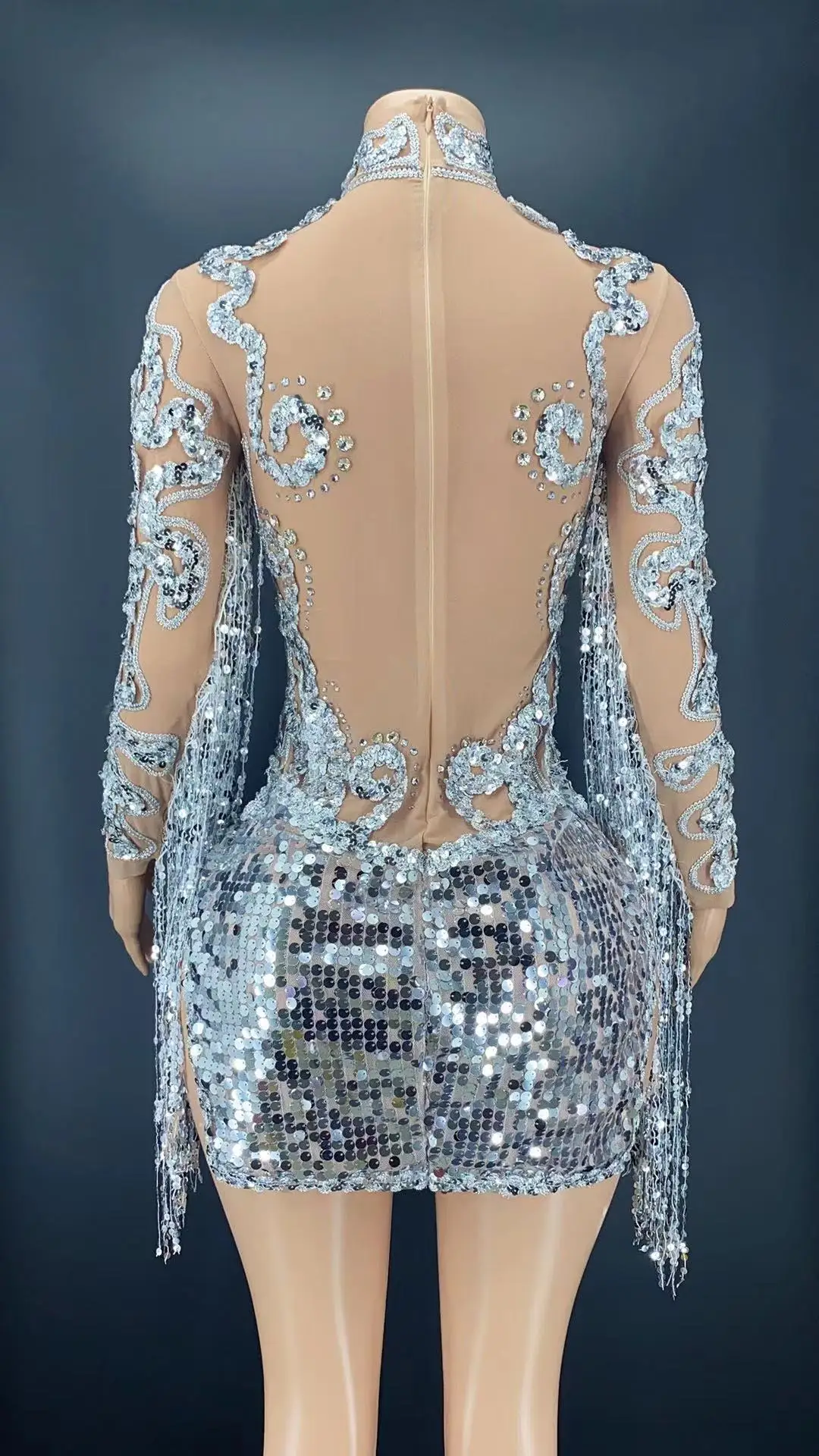 Novance Y2258-b Summer 2022 Silver Tassel Dress High Slit Dress Crystal ...