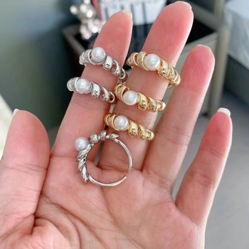 pearl finger rings golden metallic adjustable free size open hand ring jewelry for women