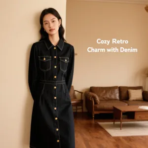 Women's 2026 Autumn Collection New Casual Long-Sleeved Midi Dress Pocket Decoration Natural Straight Skirt Versatile
