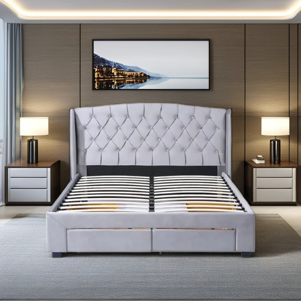 Large Capacity Storage Soft Bed Leather Upholstery Wooden Frame Stylish Folding Panel Light Grey Modern Queen Size Bedroom Set